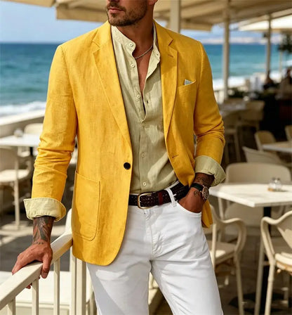 Men's Cotton Linen Blazer Solid Slim Fit Breathable Lightweight Casual Sport Coat One Button Lapel Suit Jacket for Daily Summer