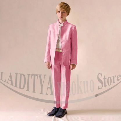 Chic Linen Boy Suits Fashion Stand Collar Single Breasted Blazer with Pants Formal Wedding Tuxedo Daily Casual Kids Clothes