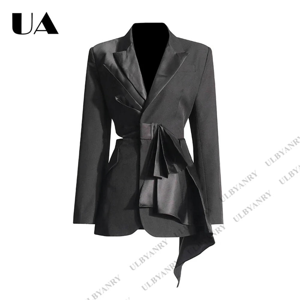 Womens Black Blazer with Satin Ruffle Waist Tie and Peak Lapel Events Gala Birthday Prom Party Suit Attire Slim Fitting