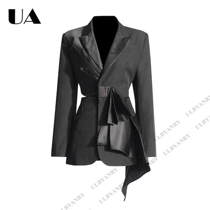 Womens Black Blazer with Satin Ruffle Waist Tie and Peak Lapel Events Gala Birthday Prom Party Suit Attire Slim Fitting