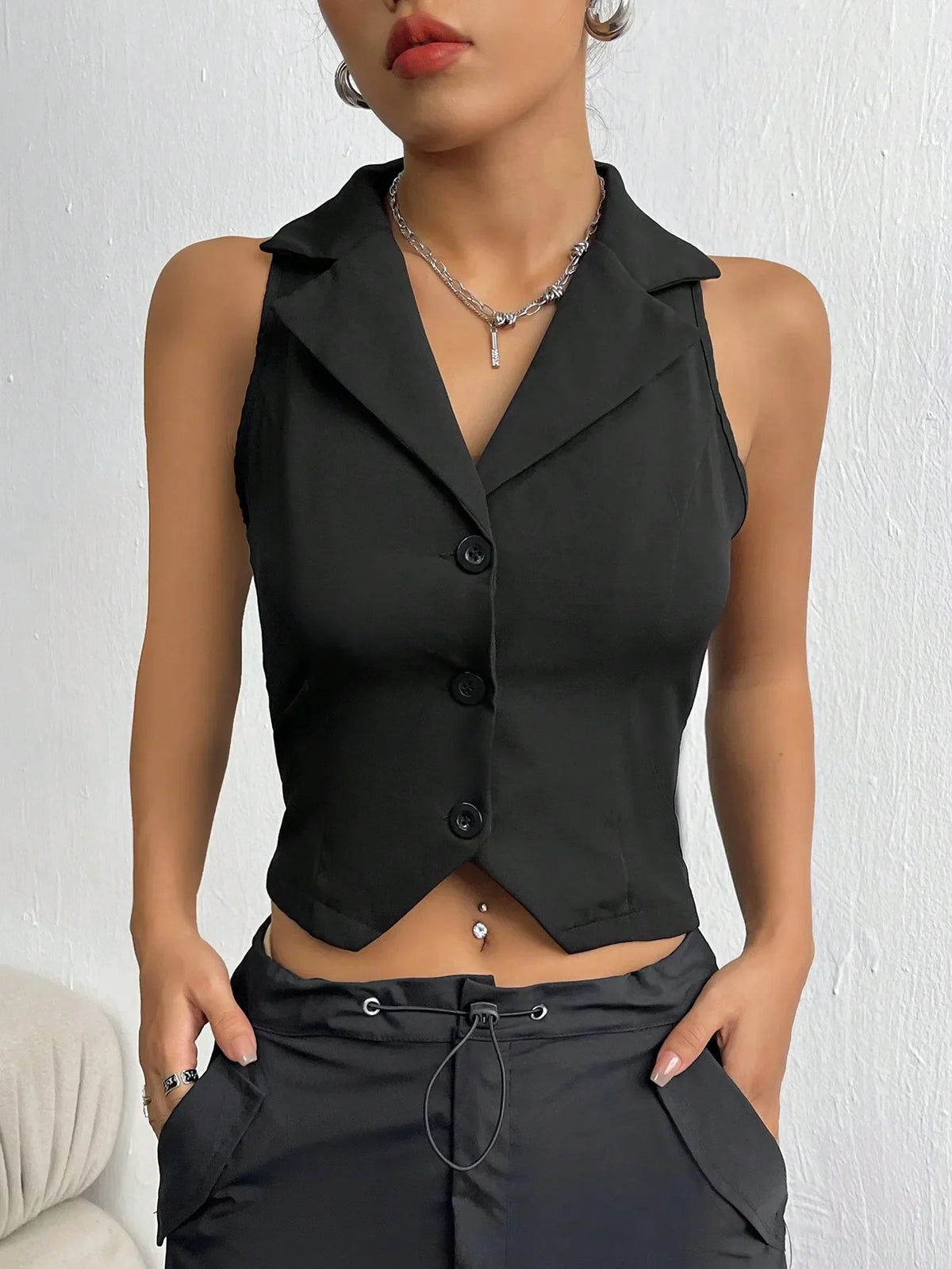 Fashionable Street-Style Sleeveless Lapel Single-Breasted Vest