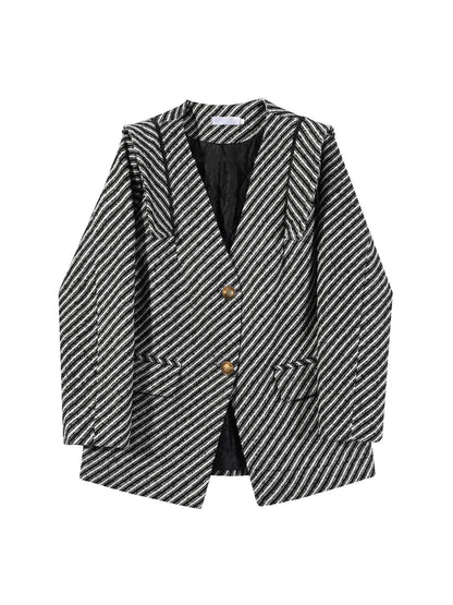 Women's Zebra Stripes Blazer Jacket Vintage Long Sleeve Outerwear Black Gothic Woolen Suit Coat Harajuku Y2k 2000s Clothes Autum