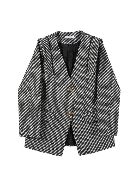 Women's Zebra Stripes Blazer Jacket Vintage Long Sleeve Outerwear Black Gothic Woolen Suit Coat Harajuku Y2k 2000s Clothes Autum
