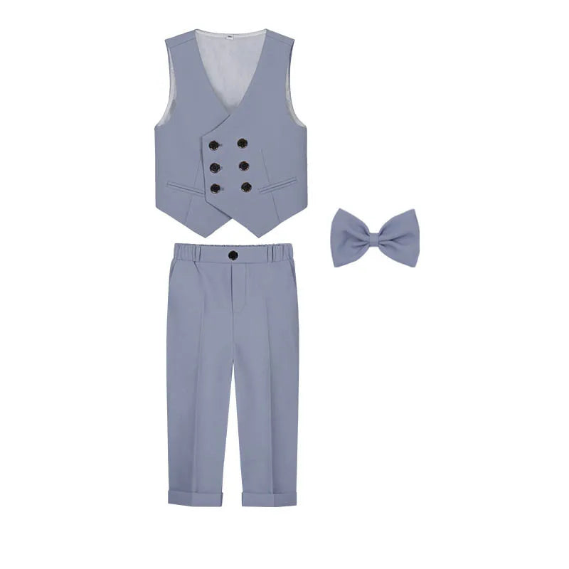 Gentleman Kids Beige Jacket Vest Pants Bowtie Brooch Photograph Suit Children Piano Dress Boys Easter Host Performance Costume