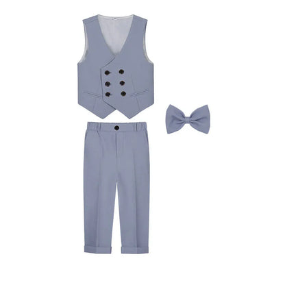 Gentleman Kids Beige Jacket Vest Pants Bowtie Brooch Photograph Suit Children Piano Dress Boys Easter Host Performance Costume