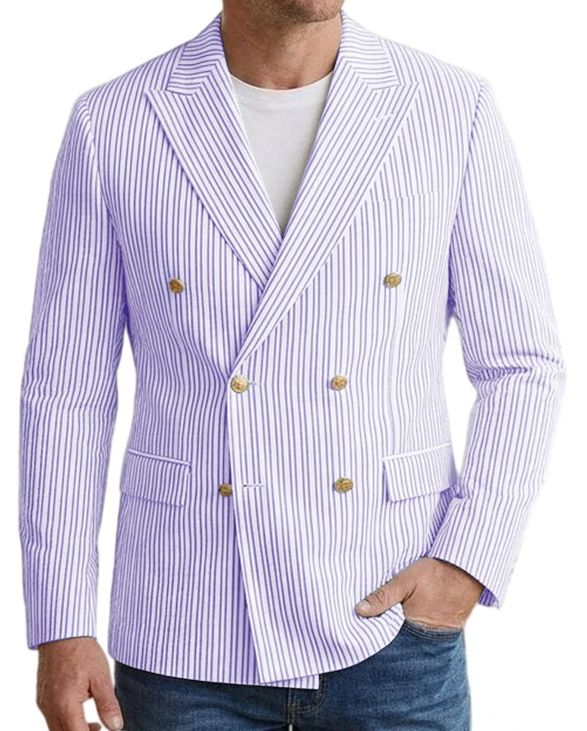 Vintage Men's Striped Double Breasted Blazer Casual Business Suit Jacket Lightweight Notched Lapel Sport Coat Wedding Party Wear