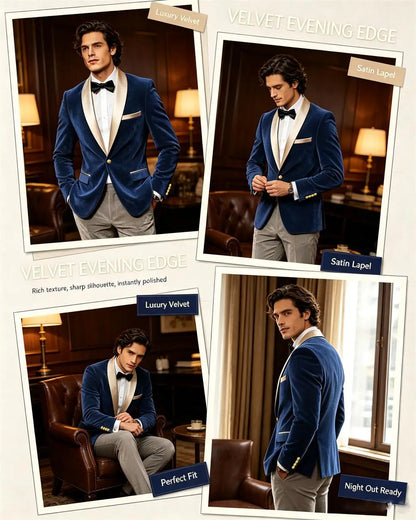 Men Velvet Tuxedo Jacket Champagne Satin Shawl Lapel Slim Fit Blazer Wedding Groom Party Prom Formal Western Dinner Suit Coat