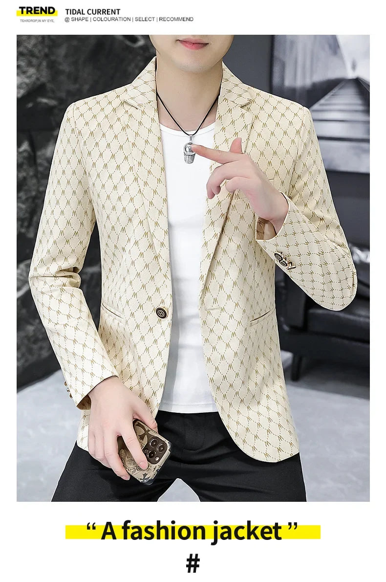 Korean Letter Print Men Blazers Brand 2024 Spring Casual Business Suit Jackets Slim Fit Street Wear Social Jacket Men Clothing