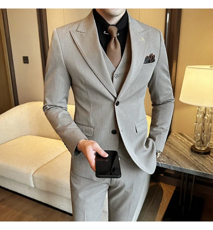 (Blazer + Vest + Trousers) 2024 New Men Formal Business Solid Suit 3 Pieces Set Italian Style Luxury Wedding Social Party Tuxedo