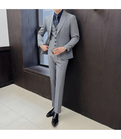 ( Jacket+Vest+Pants ) ltalian Style Luxury High-end Fashion Solid Color Mens Business Slim Suit 3Piece Set Groom Wedding Tuxedo