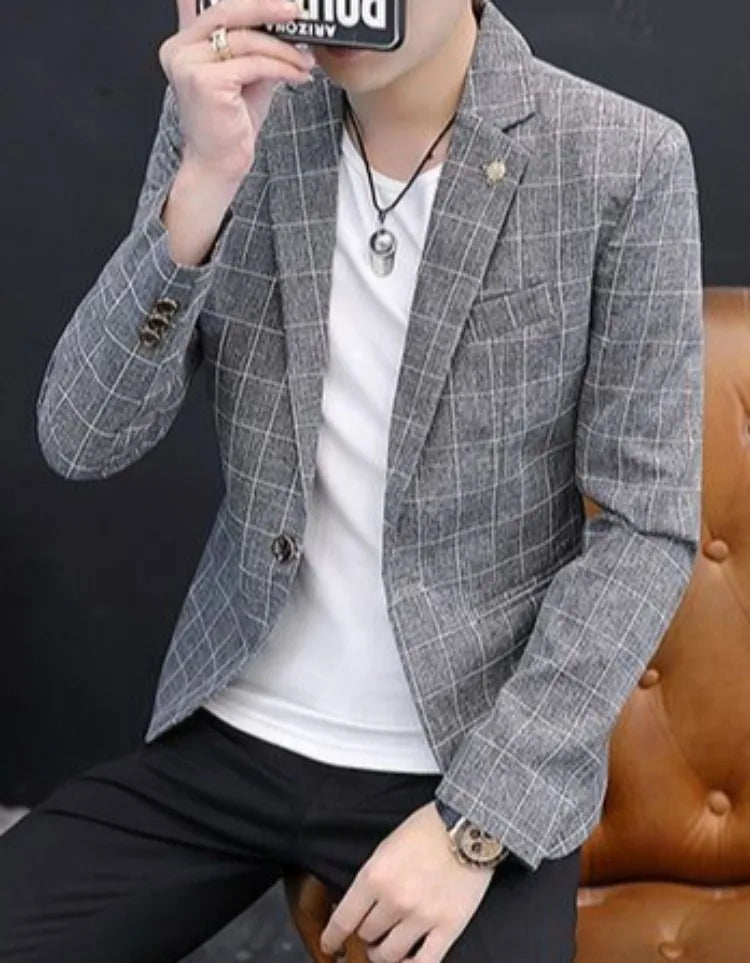 Men Autumn Plaid Blazer Korean Slim Fit Casual Suit Jacket Fashion Trendy Outerwear