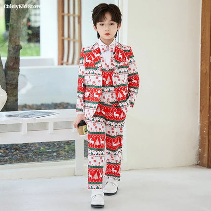 Boys Christmas Blazer Jacket Waistcoat Pants Wedding Suits Kids Morning Coat Formal Dress Children Tuxedos Toddler Clothes Sets