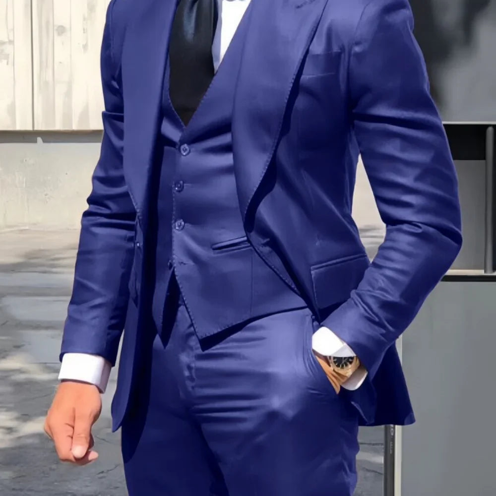 3PCS Men's Formal Tuxedo Set with Peaked Lapel Blazer Vest Pants - Fashion Business Suits for Wedding Party Groom