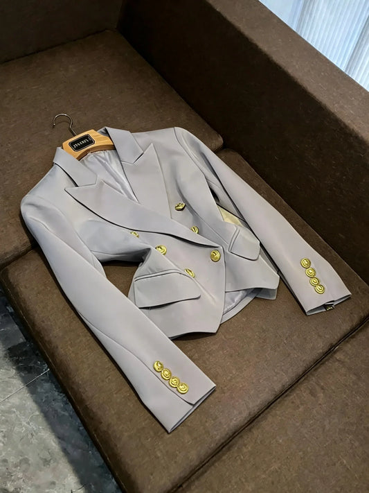 Business Commute Style Women's Long Sleeve Double-Breasted Suit Slim Fit Waist-Cinching Outerwear Fashion D9986