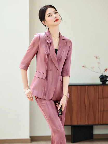 Spring Ladies Pant Suit Women Pink Wine Red Female Business Work Wear Half Sleeve Jacket and Trouser Formal 2 Piece Set Blazer
