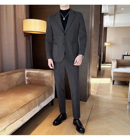 Plus Size 7XL-M ( Jacket+Pant）Autumn Winter Thickened Starry Sky Woolen Suit High Quality Slim Fit Business Social Casual 2 Pcs