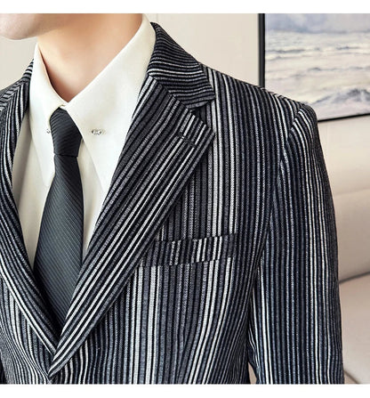 High Quality Plush Striped Fashion casual Suit Jacket Autumn Winter New Men Slim Fit Business Formal Social Prom Party Tuxedos