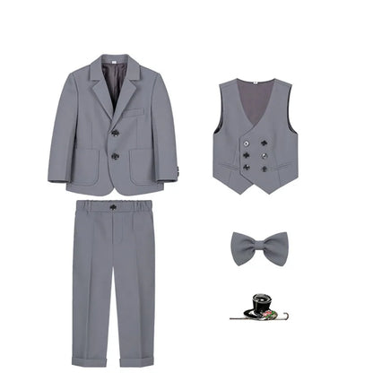 Kids Gray Jacket Vest Pants Bowtie Brooch 5Pieces Performance Costume Boys Formal Wedding Birthday Baptism Blazer Suit