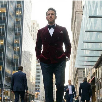Velvet Smoking Jacket for Men Double Breasted Burgundy Suit Blazer Slim Fit Prom Party 1 Piece Groom Fashion Coat 2024