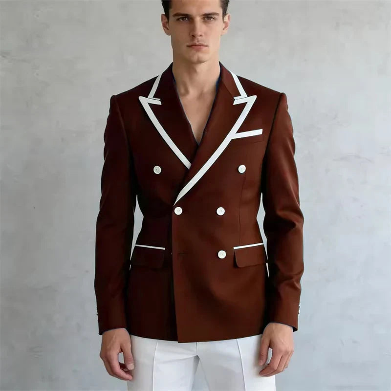 Double Breasted Slim Fit Blazer – Men's Formal Suit Jacket with White Contrast Piping
