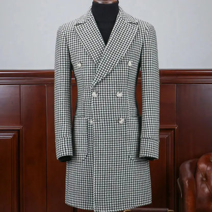 Check Men's Blazer with Double Breasted Business Suit Jacket Peak Lapel Plaid Jacket Houndstooth Male Fashion Long Woolen Coat
