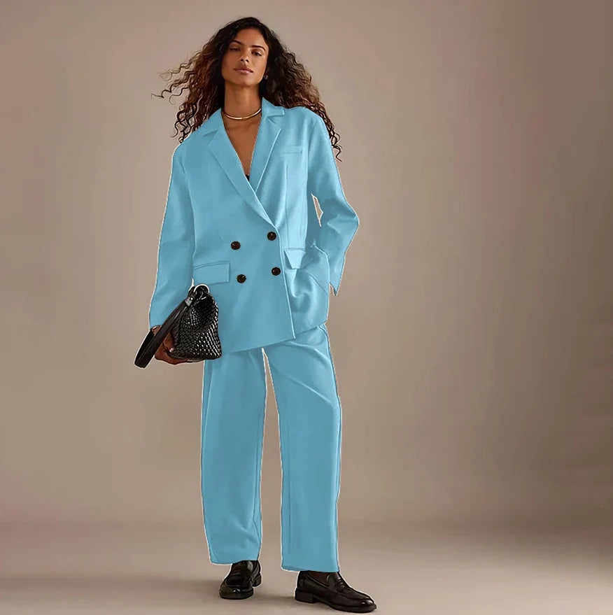 Leisure Brown Double Breasted Women Pants Set High-end Female Two Pieces(Jacket+Trousers)أطقم بناطيل