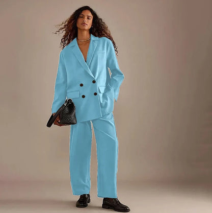 Leisure Brown Double Breasted Women Pants Set High-end Female Two Pieces(Jacket+Trousers)أطقم بناطيل