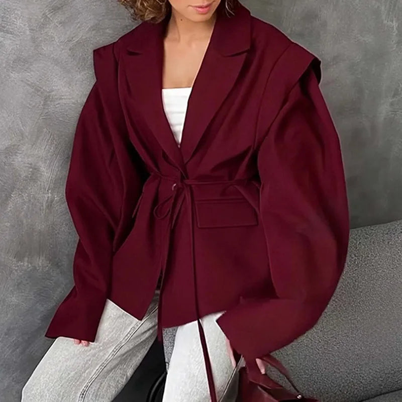 Spring Autumn Fashion Women's Pure Color Belted Shoulder Pad Suit Coat Commute Style Loose Fit Long Sleeve Regular Length