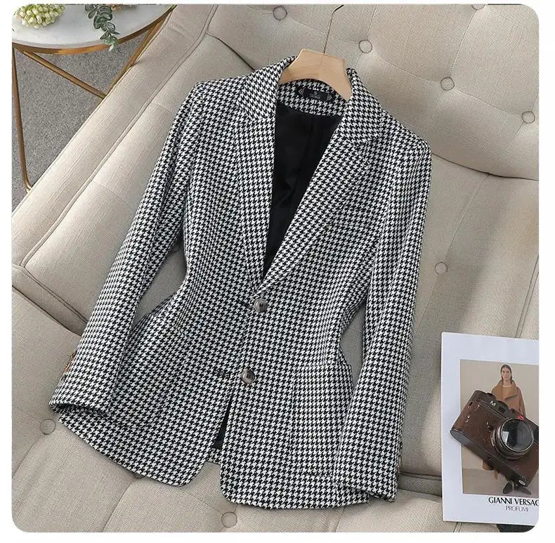Women Office Ladies Single Breasted Slim Blazer Coat Autumn Winter Fashion Plaid Temperament Long Sleeved Elegant Tops Vacation
