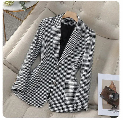 Women Office Ladies Single Breasted Slim Blazer Coat Autumn Winter Fashion Plaid Temperament Long Sleeved Elegant Tops Vacation