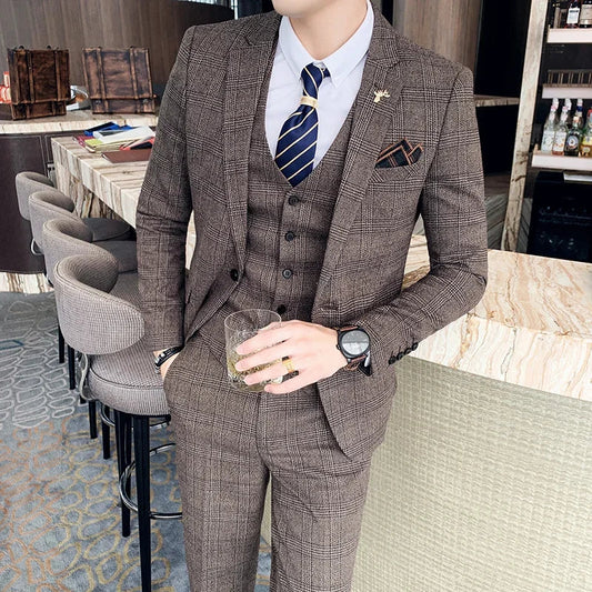 Men's 3-Piece Plaid Suit – Slim Fit Formal Business Set for Weddings & Special Occasions