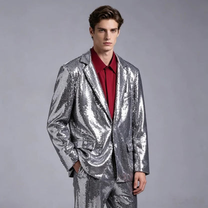 Men's Casual Blazers Suit Jackets Singer Silver Sequins Party Glitter Club Bar Concert Shiny Coat Stage Performance Costume