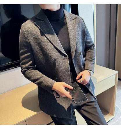 British Style Autumn Winter Thick Double Breasted Woolen Coats High Quality Men Business Casual Warm Suit Jackets Men Clothing