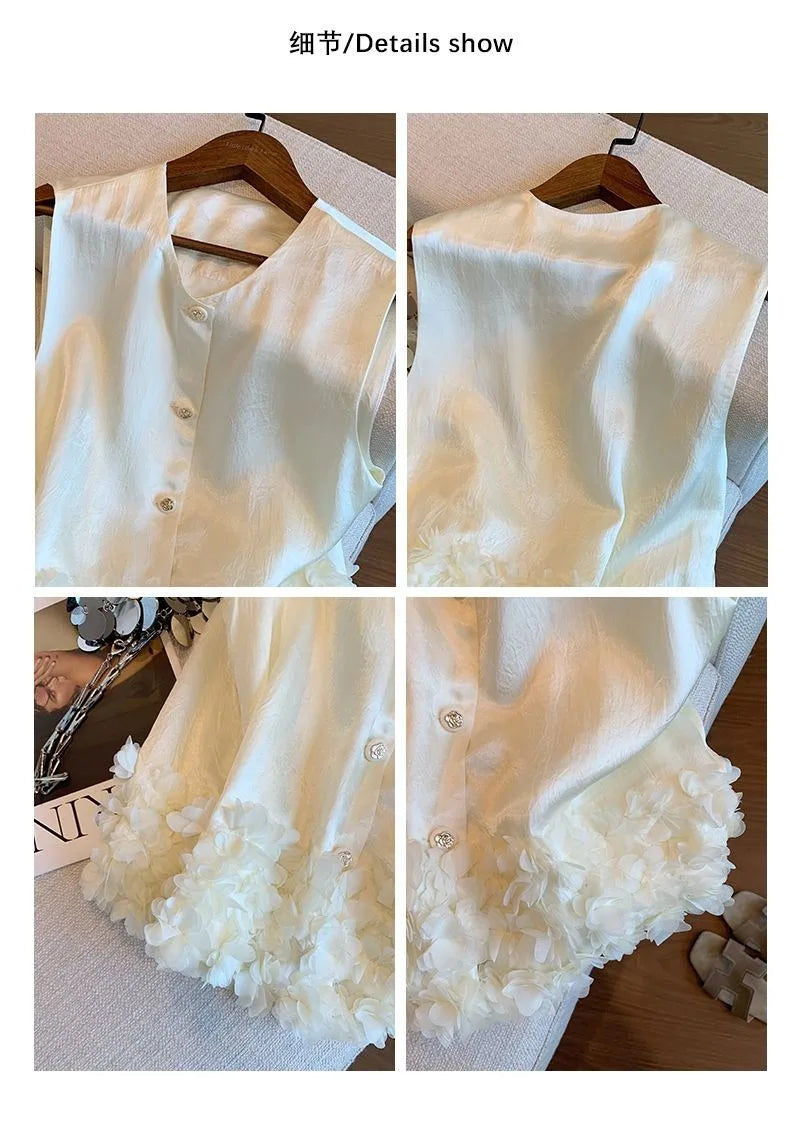 Women Vest Small Fragrance Jacket Satin Sleeveless Top Spring Summer New Fashion Temperament Petal Hem Waistcoat Female Vest