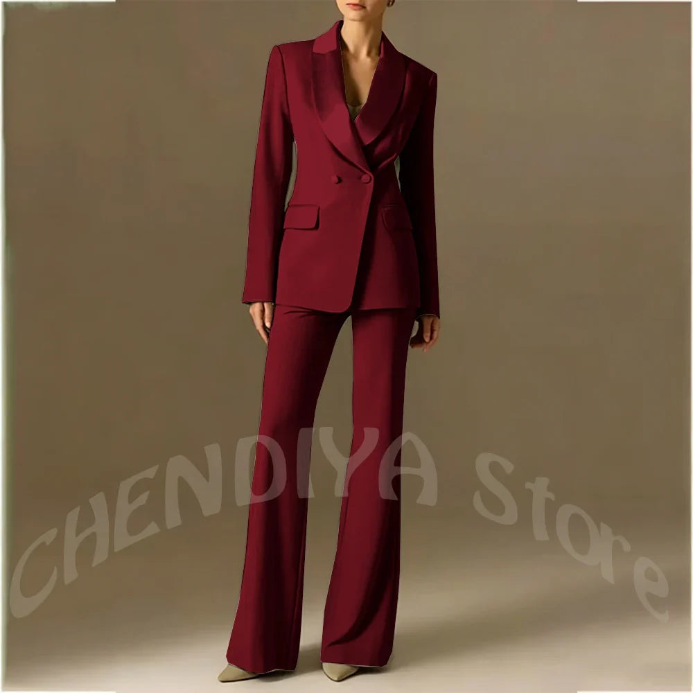Classic Shawl Lapel Suit For Women Elegant Double Breasted Outfit Solid Color Two Piece Straight Modern Style Office Wear