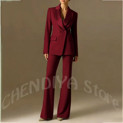 Classic Shawl Lapel Suit For Women Elegant Double Breasted Outfit Solid Color Two Piece Straight Modern Style Office Wear