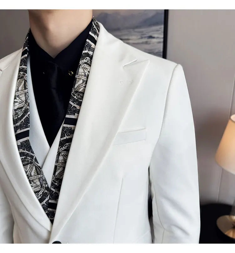 Scarf With Design Double Collar Suit Men's Business Casual Groom Wedding Slim Fit Suit Tuxedo 3-piece Set (Jacket+Vest+Pant)
