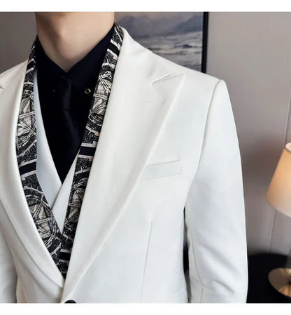 Scarf With Design Double Collar Suit Men's Business Casual Groom Wedding Slim Fit Suit Tuxedo 3-piece Set (Jacket+Vest+Pant)