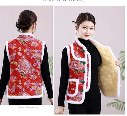 Middle-aged Mother Add Velvet Warm Vest Coat Autumn Winter New Printed Fleece Sleeveless Jacket Grandma Thicken Warm Waistcoat