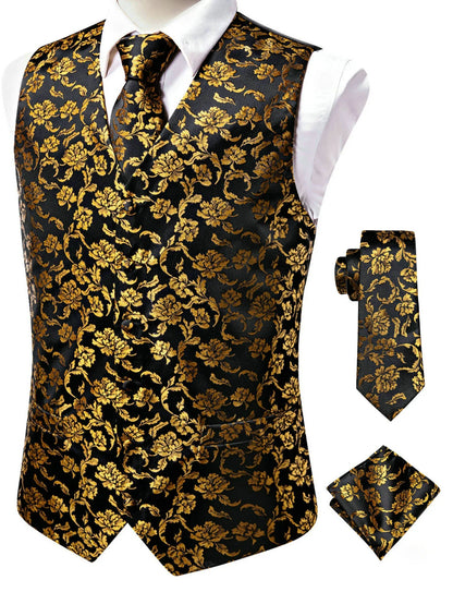 Men's Jacquard Vest 3-Piece Set – Satin Formal Waistcoat with Tie & Pocket Square for Weddings