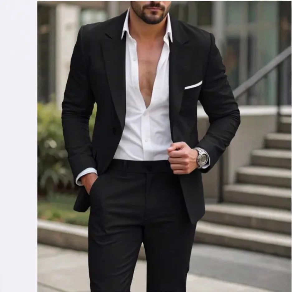 Ensemble décontracté 2 pièces pour homme, bleu marine, avec blazer à revers blanc et pantalon, costume de garçons d'honneur pour cérémonie