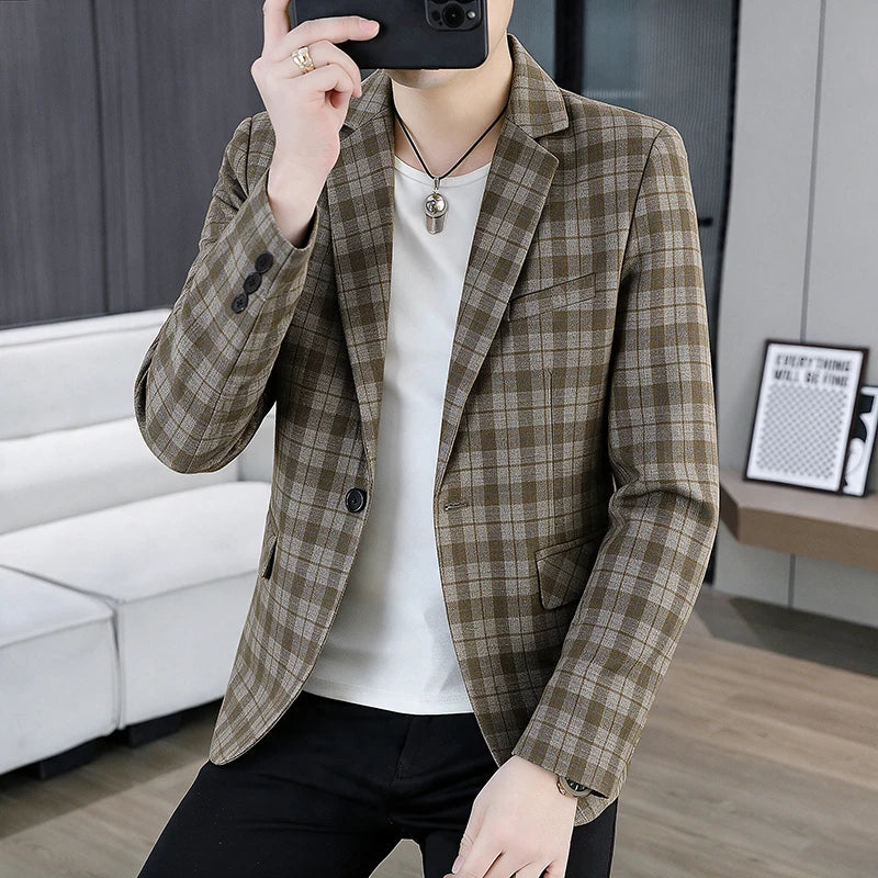 Men's Smart Casual Plaid Blazer – Single Breasted, Slim Fit, Spring Autumn