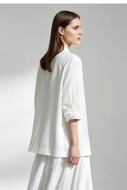 Women's Blazer 2026 Summer New Notch Lapel Linen Blend Pleated Half Sleeve Jacket Casual Office Midi Length Coat 12642184