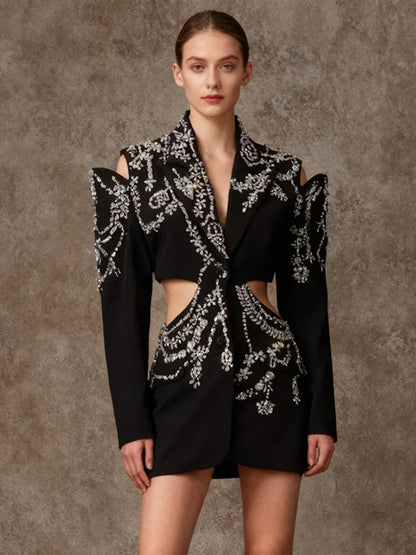 Solid Spliced Diamonds Turn-Down Collar Blazers Long Sleeve Hollow Out Patchwork Button Coat 2026 Autumn Women's New