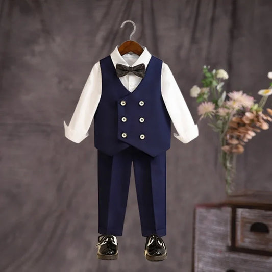 Flower Boys Wedding Suit Kids 5Pieces Suit Set With Jacket Vest Pants Bowtie Brooch Children Piano Host Performance Costume