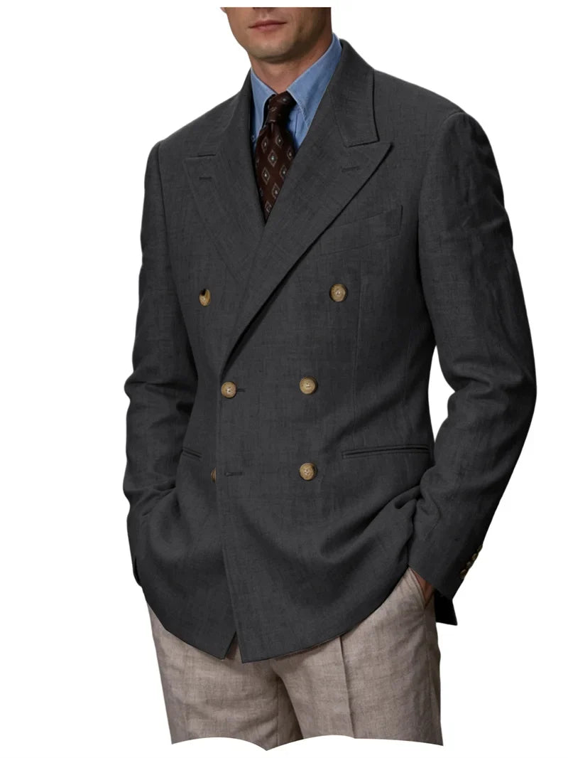 Men Linen Blazer Double Breasted Jacket Lightweight Soft Slim Coat For Business Wedding Casual Daily Party Vacation Dating