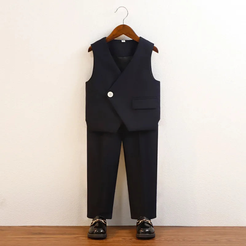 British Style Kids Piano Host Speech Performance Costume School Boys Vest Pants Bowtie 3Pieces Ceremony Clothing Set