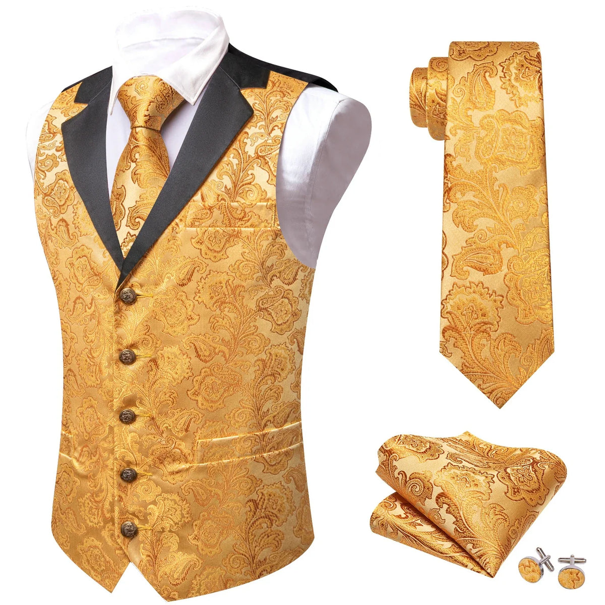 Men's Jacquard Floral Vest & Bowtie Set for Wedding & Formal Events – Yellow