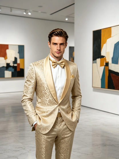 2 Piece High Quality Champagne Jacquard Men Suits Smart Casual Single Breasted Shawl Lapel Blazer with Pants for Wedding Party