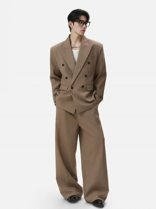 Fashion Business Men Casual Work Solid Color Two Piece Set Double Breasted Blazer Jacket Pants Male Loose Fit Suit Matching Sets
